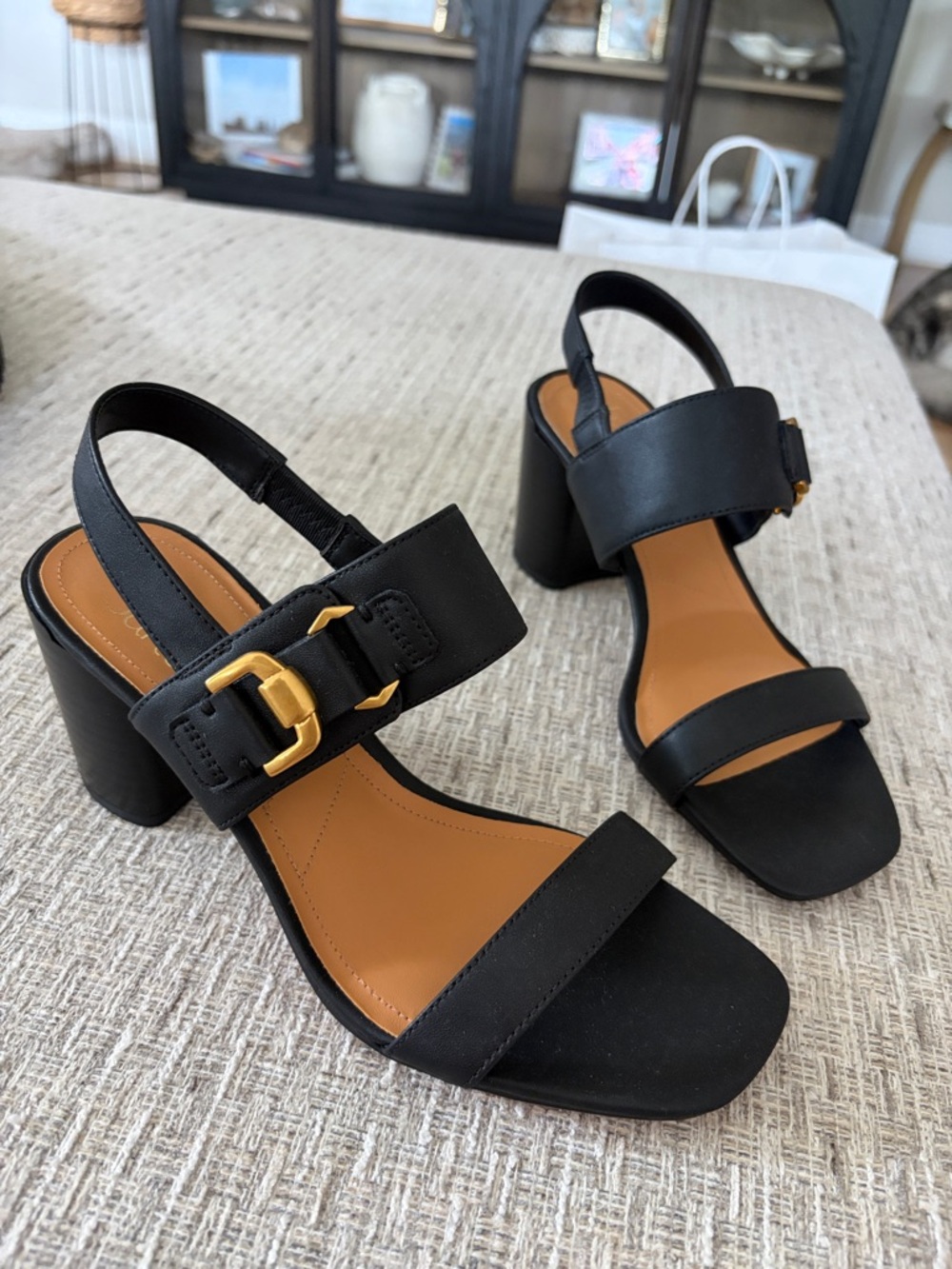 NWT Franco Sarto Leather Black Block Heel Sandals with Gold Buckle